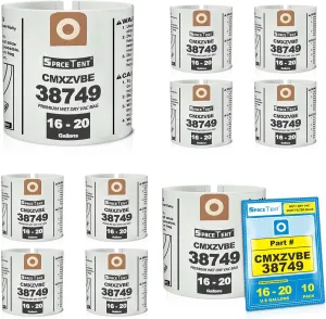 10 Pack CMXZVBE38749 Shop Vac Bags for Craftsman 16 and 20 Gallon Wet/Dry Vacs, part # CMXZVBE38749 38749, General Purpose Vacuum Filter Bags