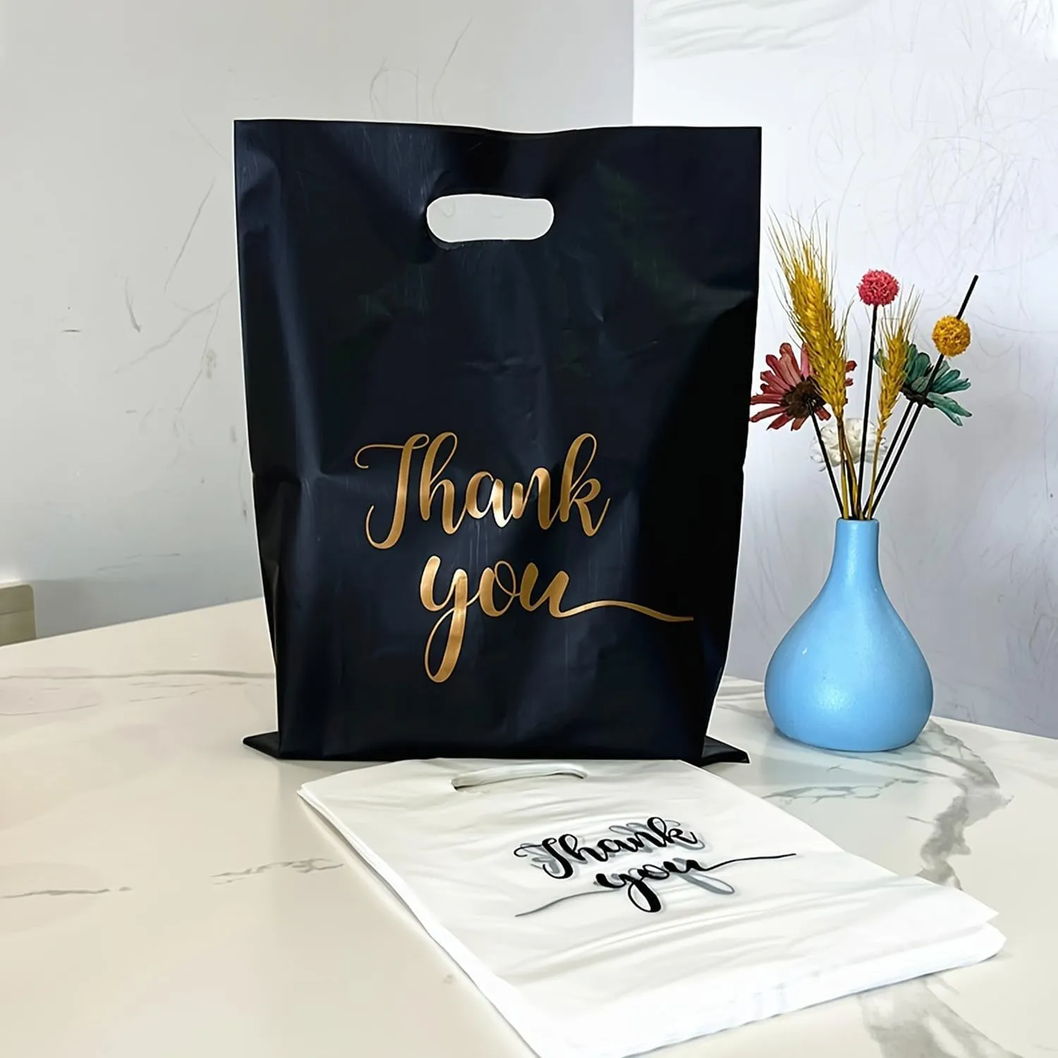 100 Count 11.7 "x 15.7" Plastic Merchandise Bags, Shopping Bag for Small Business Retail Bags Crafts Plastic Bag with Die Cut Handle Bag - Black Thank You