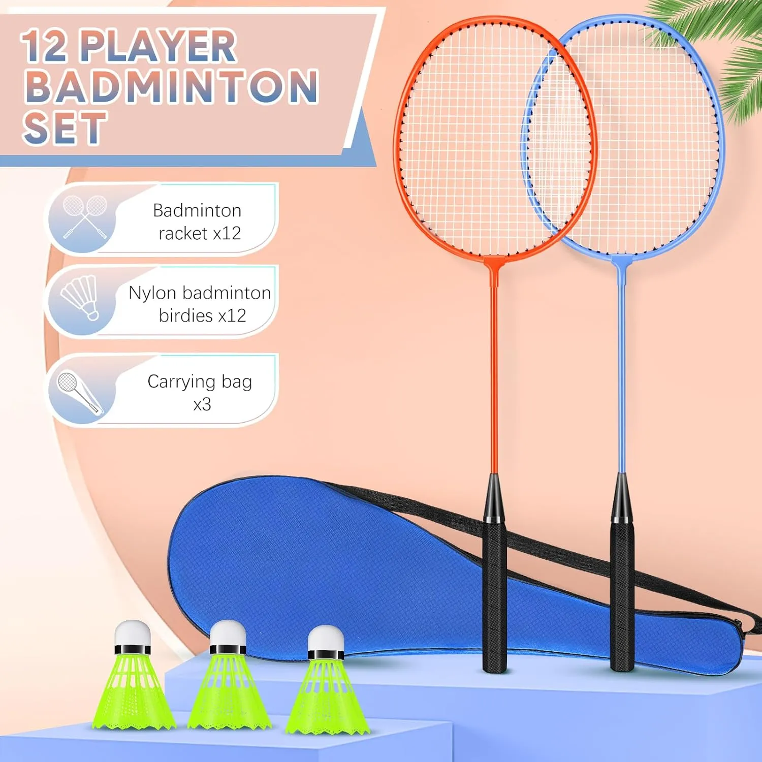 12 Pack Badminton Rackets Set Including Rackets, Nylon Shuttlecocks and Carry Bag for Outdoor Backyard Games Beginners
