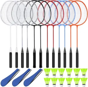 12 Pack Badminton Rackets Set Including Rackets, Nylon Shuttlecocks and Carry Bag for Outdoor Backyard Games Beginners