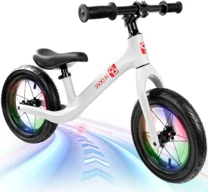 12" Balance Bike for 2 3 4 5 Year Old, No Pedal Balance Bike with Lightweight Nylon Frame, Air Filled Tires, Adjustable Seat, Colorful Light-Up Wheels, Gift Bike for Boys Girls