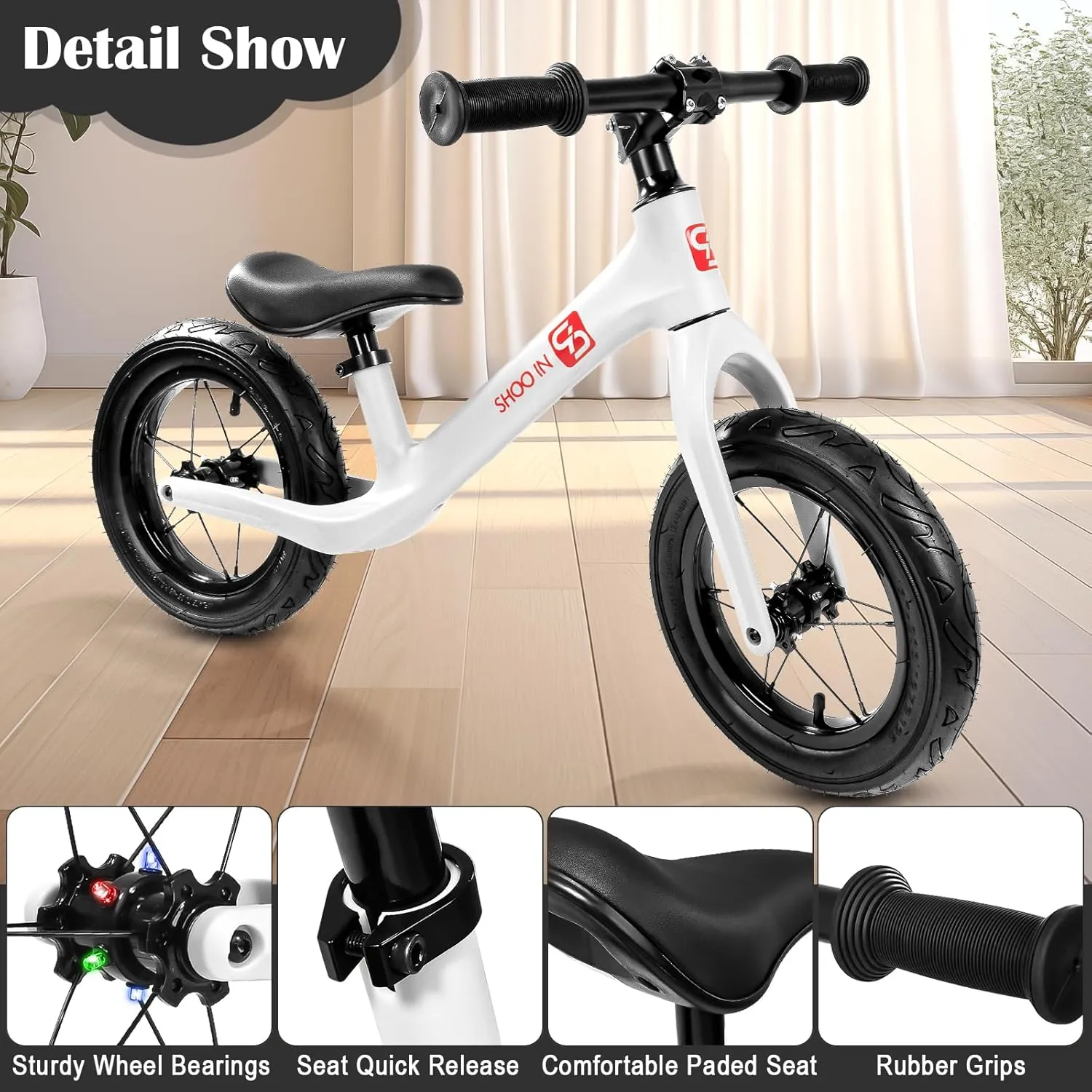 12" Balance Bike for 2 3 4 5 Year Old, No Pedal Balance Bike with Lightweight Nylon Frame, Air Filled Tires, Adjustable Seat, Colorful Light-Up Wheels, Gift Bike for Boys Girls