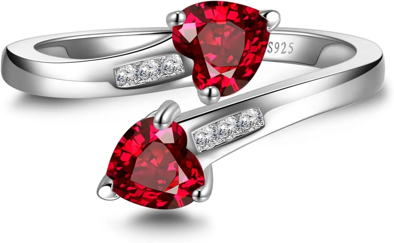 1CT Adjustable Women Heart Ring 925 Sterling Silver Birthstone Rings for Women Promise Ring for her Simulated Gemstone Statement Stackable Band Width 2mm Open Size 5~9