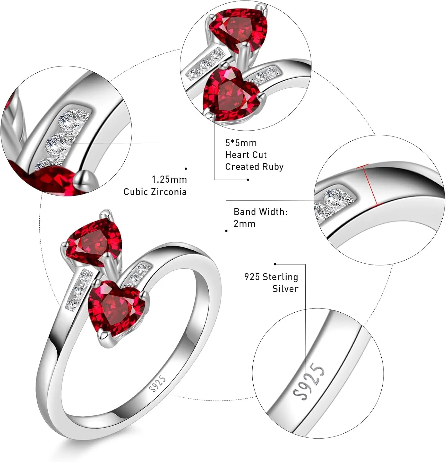 1CT Adjustable Women Heart Ring 925 Sterling Silver Birthstone Rings for Women Promise Ring for her Simulated Gemstone Statement Stackable Band Width 2mm Open Size 5~9