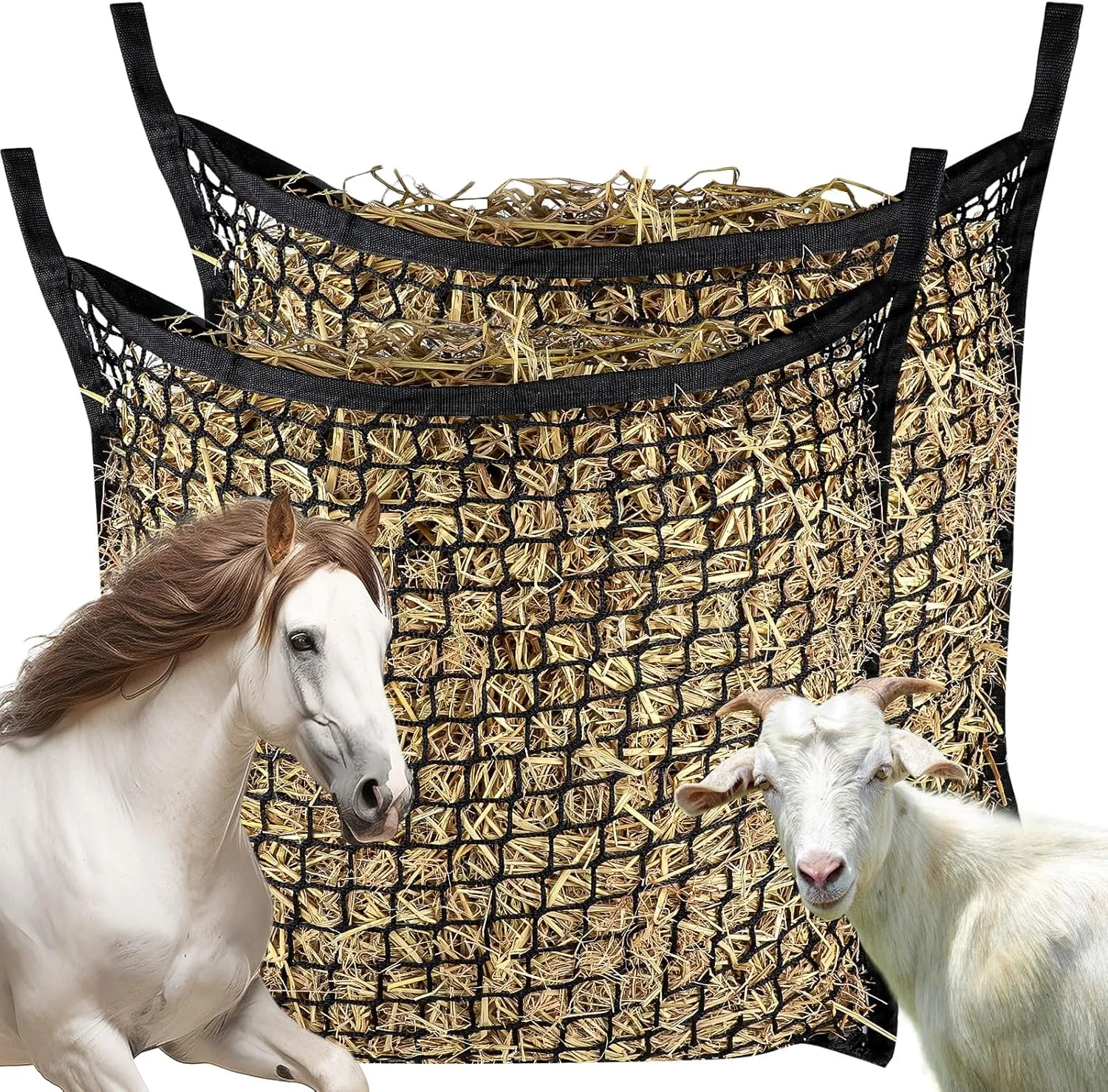 2 PCS Slow Feed Hay Net，31.5" x 35.1"Large Capacity Horse Feed Bag,Horses Hay Bags Easy to Hang for Horse Feeder Full Day Feeding Horses Goat Stall Trailer-Black