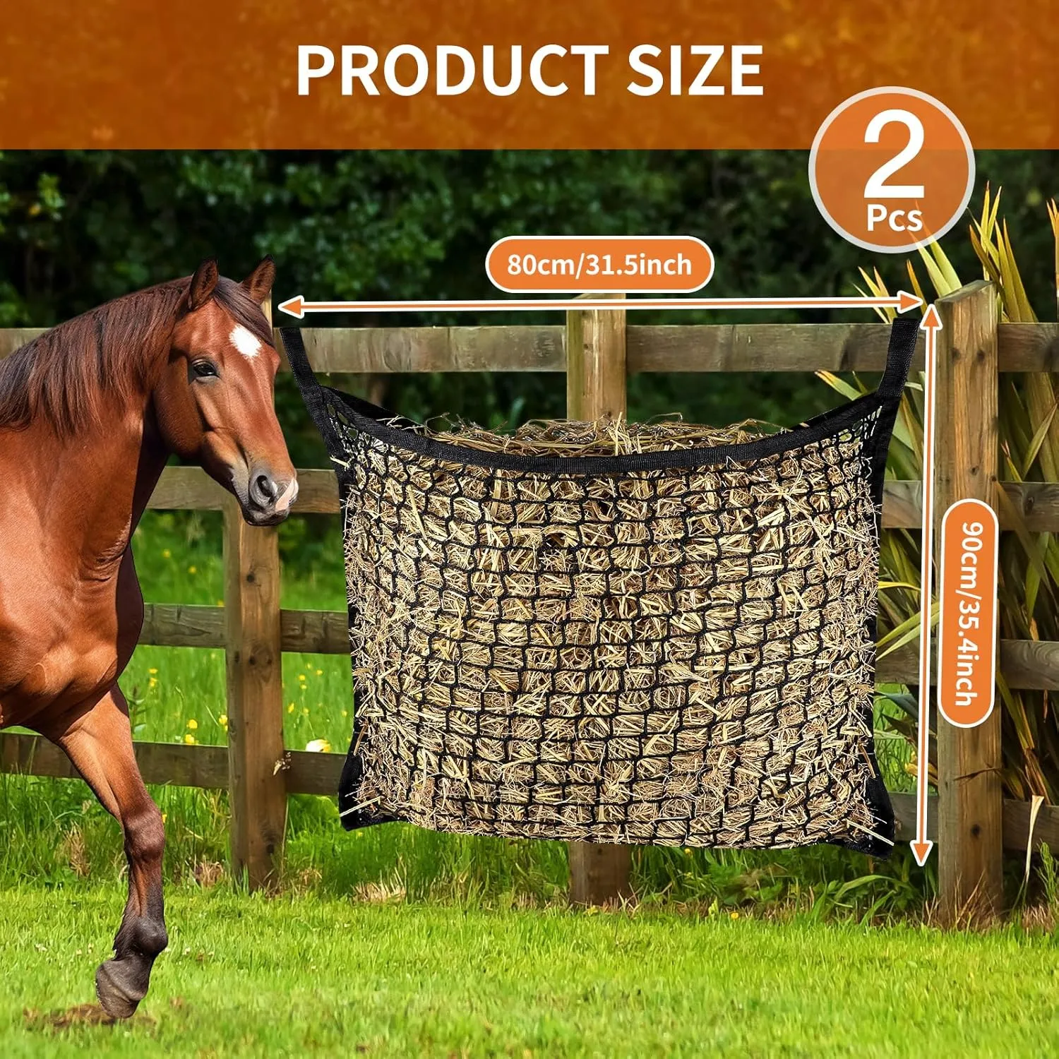 2 PCS Slow Feed Hay Net，31.5" x 35.1"Large Capacity Horse Feed Bag,Horses Hay Bags Easy to Hang for Horse Feeder Full Day Feeding Horses Goat Stall Trailer-Black