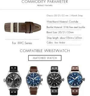 20mm 21mm 22mm Leather Watch Strap Black Blue Brown Watch Band for IWC PILOT Mark PORTUGIESER PORTOFINO for Men Bracelet