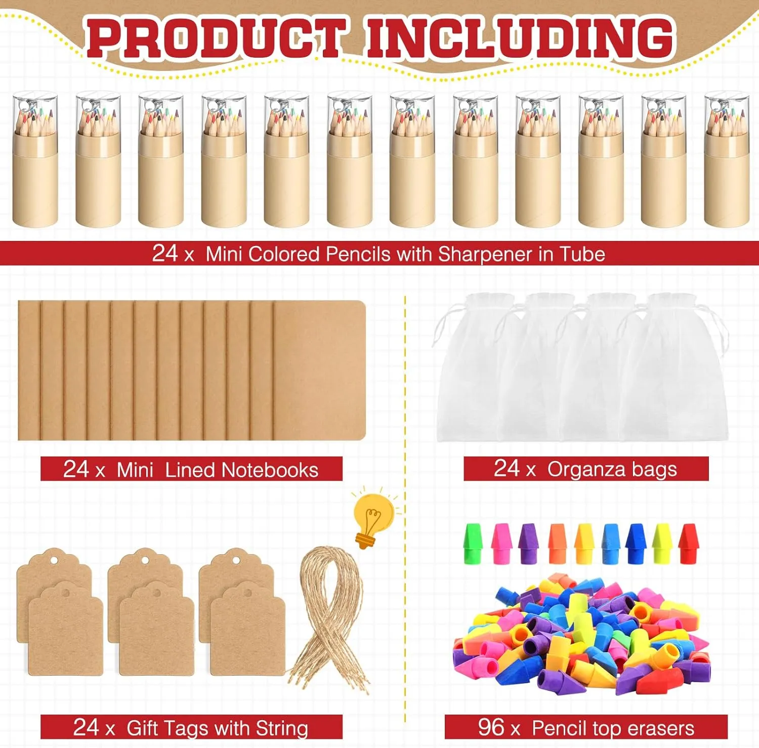 24 Set Mini Colored Pencils with Sharpeners Easter Party Favors Bulk Inspirational Rainbow Pencil Gifts Mini Notebooks Erasers Cards and Clear Gift Bag for Back to School (Wood Color)
