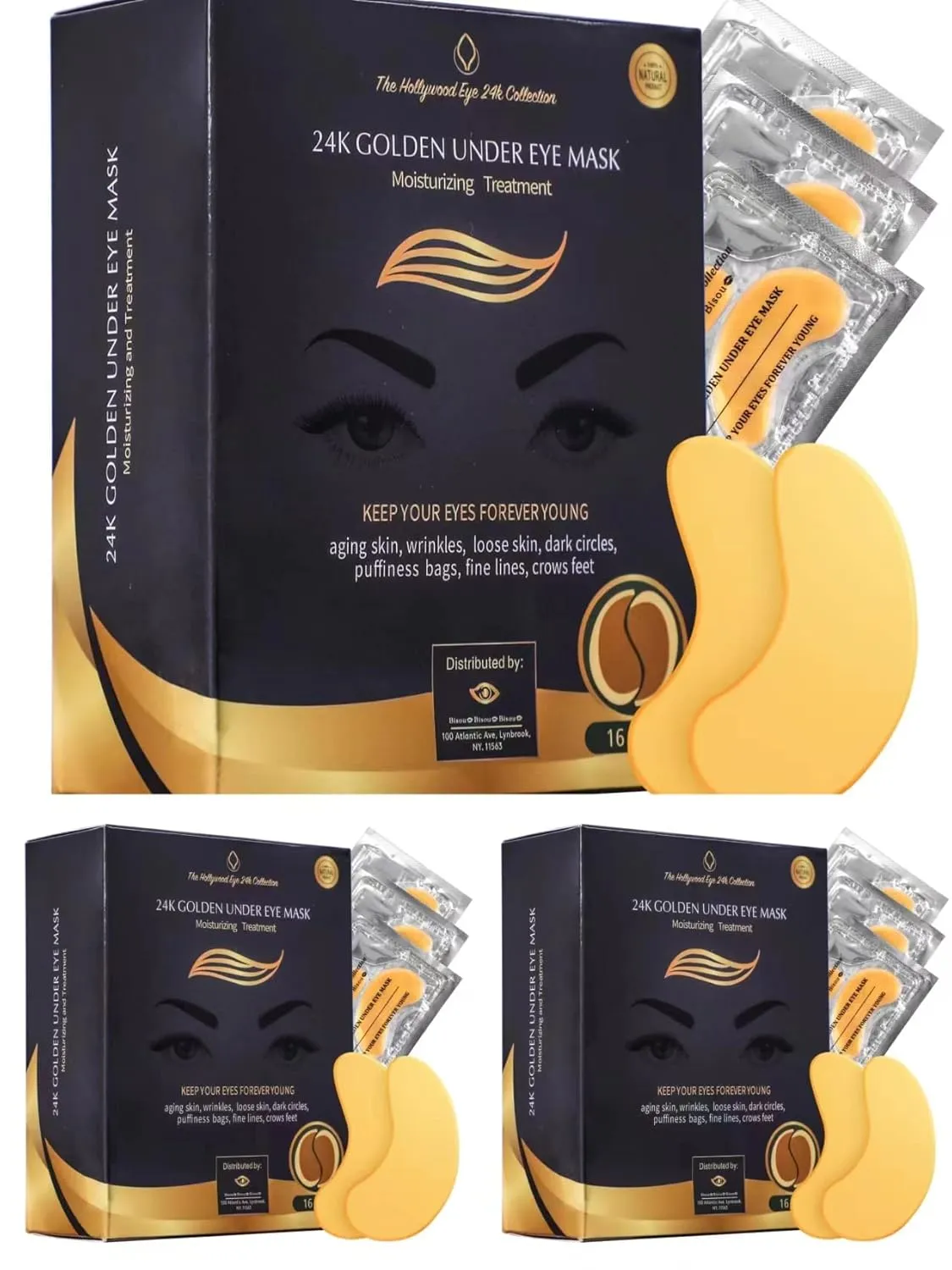 24K Gold Under Eye Mask | Under Eye Treatment for Women | Collagen Eye Pads with Hydrogel | Eye Patches | Eye Mask Skin Care | 48 Pairs (3 packs)