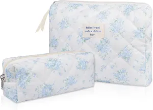 2PC Makeup Bag Set, Cute Cosmetic Bag for Women Girls, Floral Coquette Aesthetic Toiletry Bag, Travel Make Up Organizer Bag (Blue Rose)