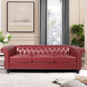3 Seater Sofa, Faux Leather Chesterfield Sofa Modern Tufted Couch 3 Seater Large Sofa with Scroll Arms and Nailhead for Living Room, Claret