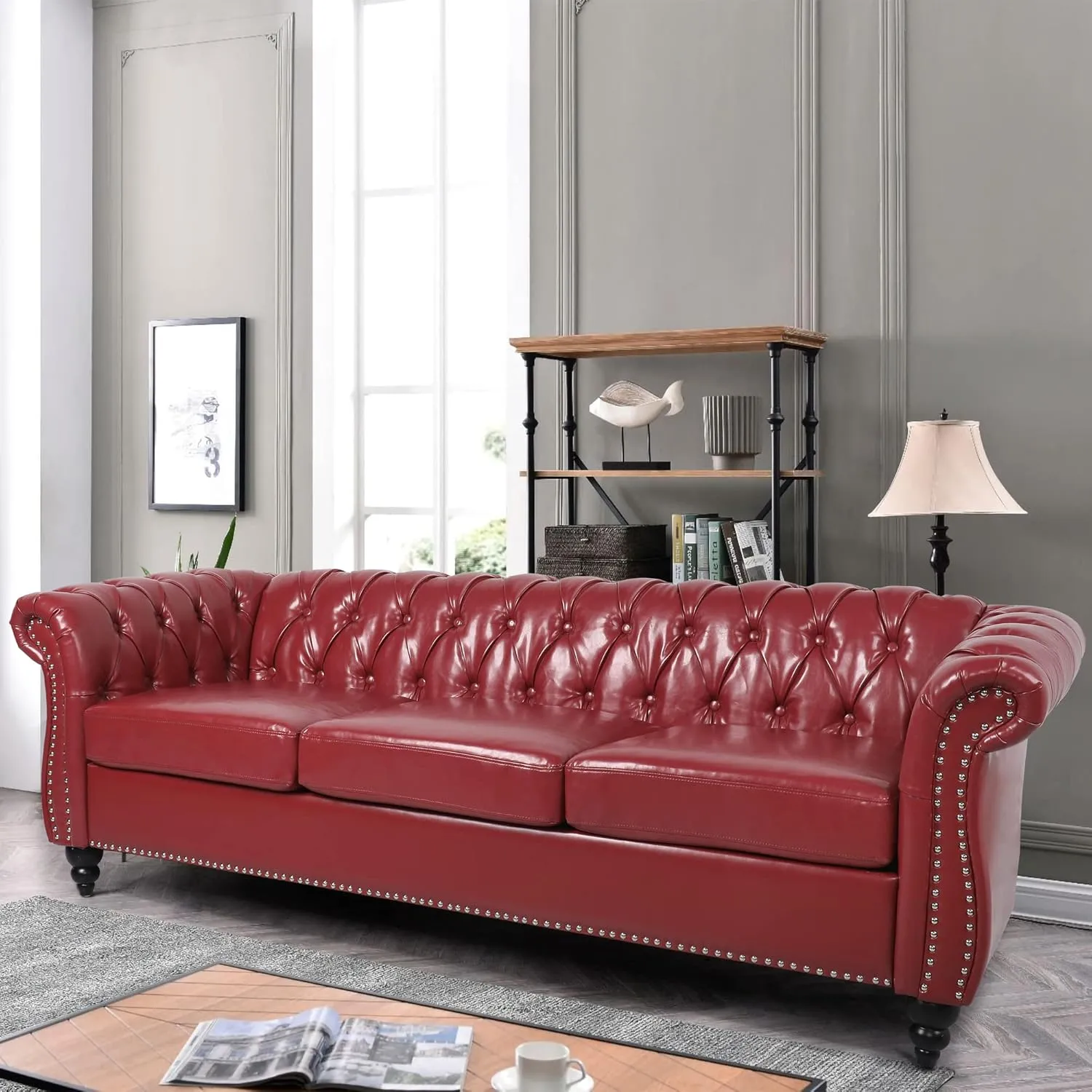 3 Seater Sofa, Faux Leather Chesterfield Sofa Modern Tufted Couch 3 Seater Large Sofa with Scroll Arms and Nailhead for Living Room, Claret
