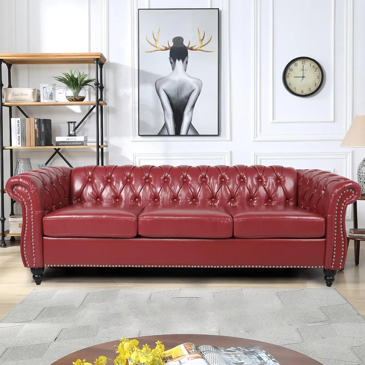 3 Seater Sofa, Faux Leather Chesterfield Sofa Modern Tufted Couch 3 Seater Large Sofa with Scroll Arms and Nailhead for Living Room, Claret