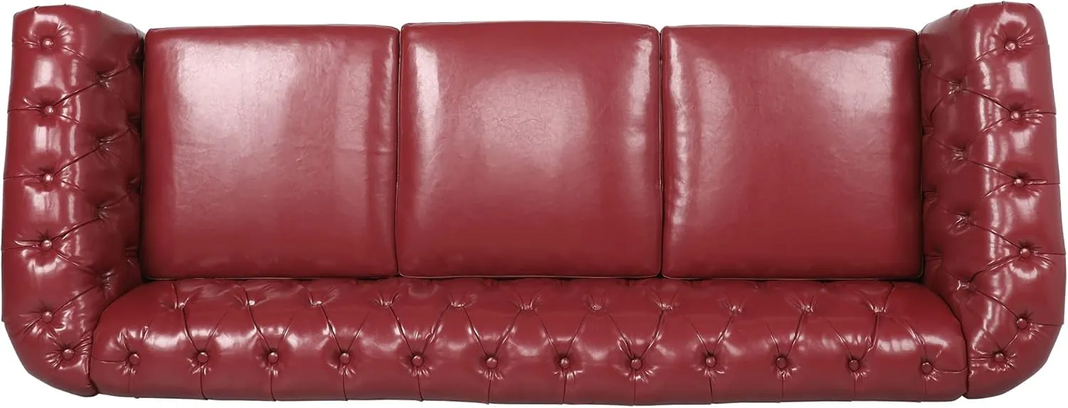 3 Seater Sofa, Faux Leather Chesterfield Sofa Modern Tufted Couch 3 Seater Large Sofa with Scroll Arms and Nailhead for Living Room, Claret