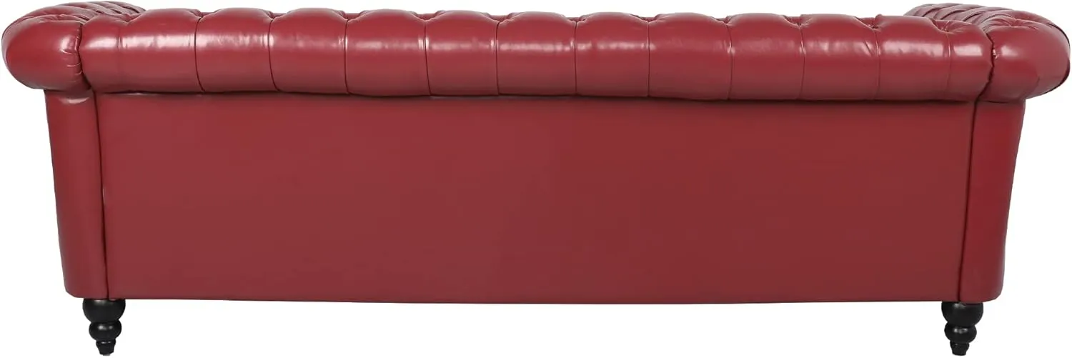 3 Seater Sofa, Faux Leather Chesterfield Sofa Modern Tufted Couch 3 Seater Large Sofa with Scroll Arms and Nailhead for Living Room, Claret