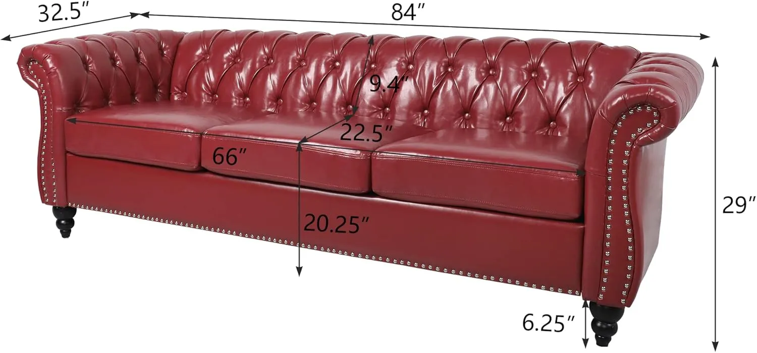 3 Seater Sofa, Faux Leather Chesterfield Sofa Modern Tufted Couch 3 Seater Large Sofa with Scroll Arms and Nailhead for Living Room, Claret