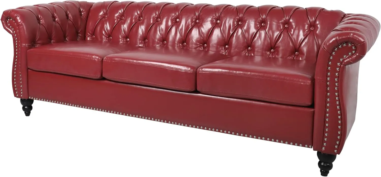 3 Seater Sofa, Faux Leather Chesterfield Sofa Modern Tufted Couch 3 Seater Large Sofa with Scroll Arms and Nailhead for Living Room, Claret