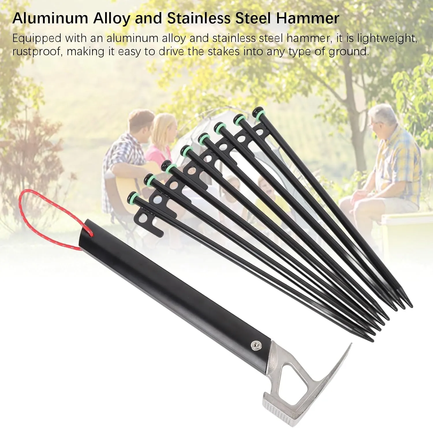 30cm Aluminum Tent Stakes,High Reflective Guy Lines 4mm Tent Cords High Strength Lightweight Camp Ropes with Glow in The Dark Adjuster Tensioner for Tent, Small Claw Hammer (Khaki)