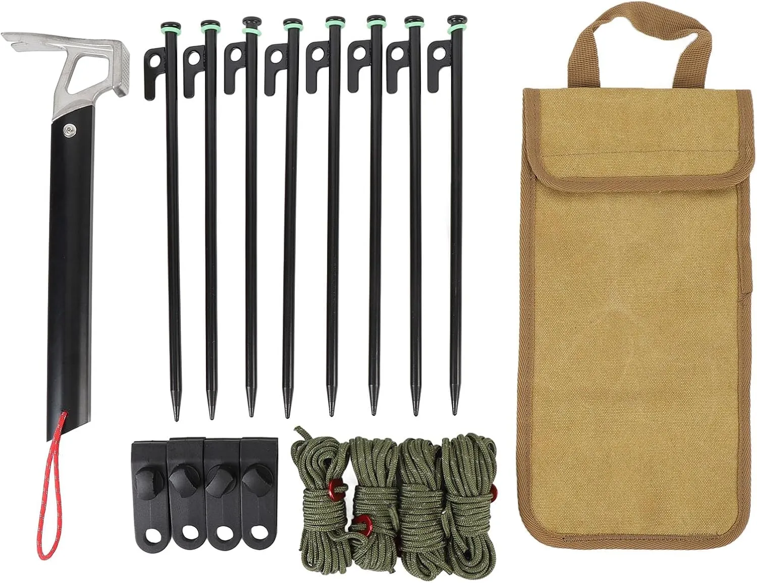 30cm Aluminum Tent Stakes,High Reflective Guy Lines 4mm Tent Cords High Strength Lightweight Camp Ropes with Glow in The Dark Adjuster Tensioner for Tent, Small Claw Hammer (Khaki)