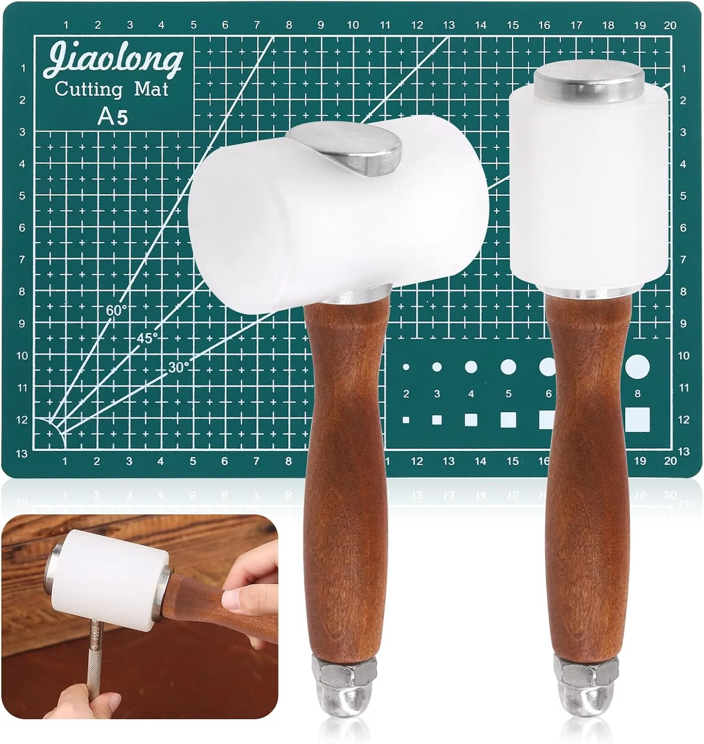 3Pcs Leather Carving Hammer and A5 Cutting Mat, T Hammer & Vertical Hammer Nylon Leather Mallet Wooden Handle Leather Craft Mallet for DIY Leather Craft