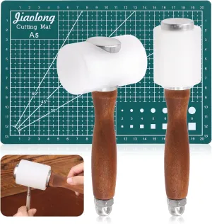 3Pcs Leather Carving Hammer and A5 Cutting Mat, T Hammer & Vertical Hammer Nylon Leather Mallet Wooden Handle Leather Craft Mallet for DIY Leather Craft