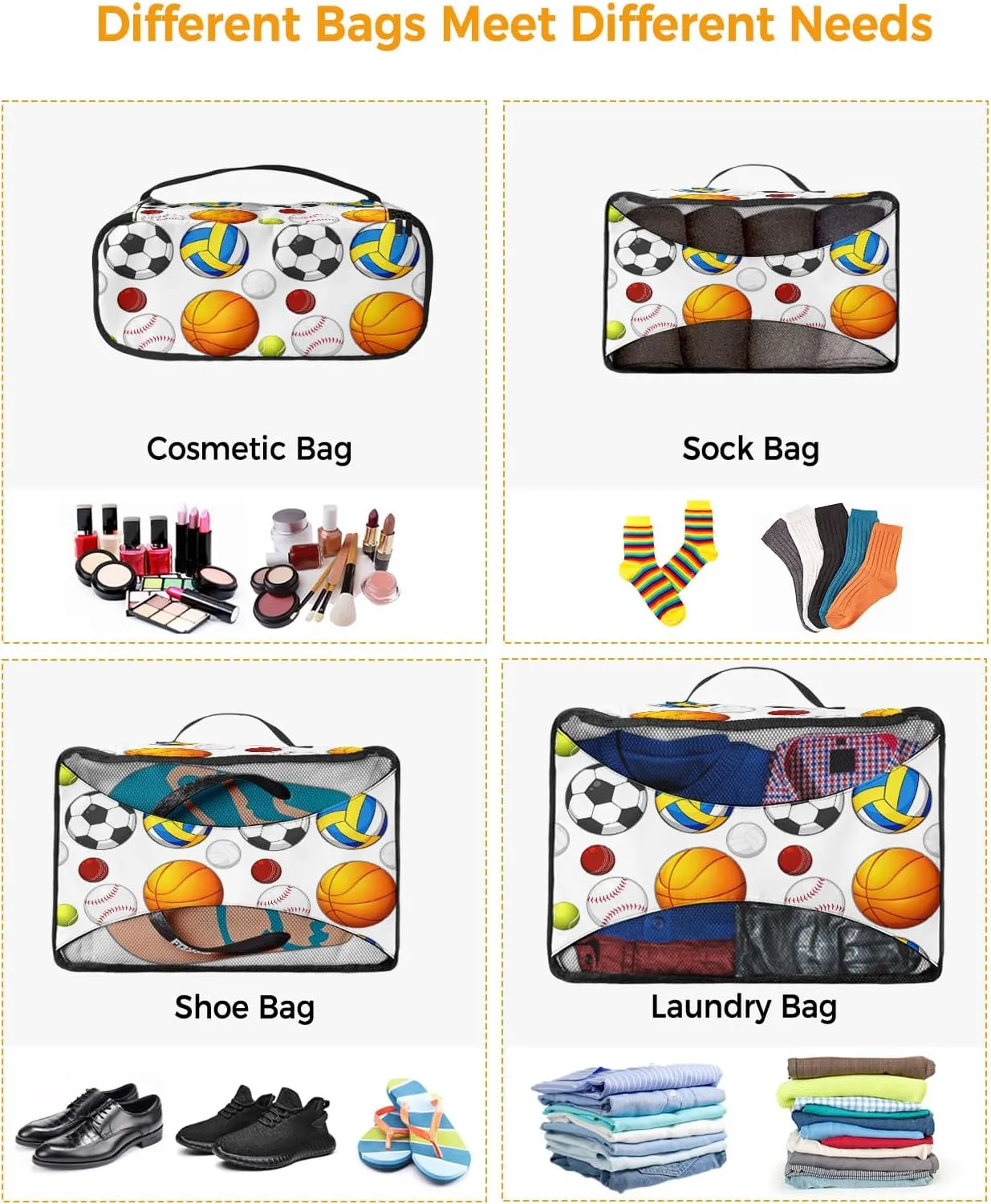 4 Set Packing Cubes - Sports Basketball Football and Volleyball Packing Cubes for Carry on Suitcase Lightweight Travel Essential Bag for Clothes Shoes Cosmetics Toiletry