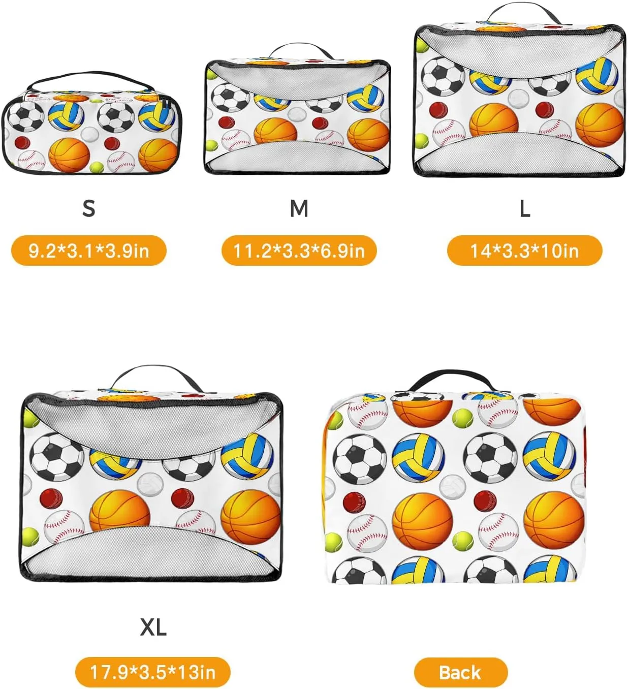 4 Set Packing Cubes - Sports Basketball Football and Volleyball Packing Cubes for Carry on Suitcase Lightweight Travel Essential Bag for Clothes Shoes Cosmetics Toiletry