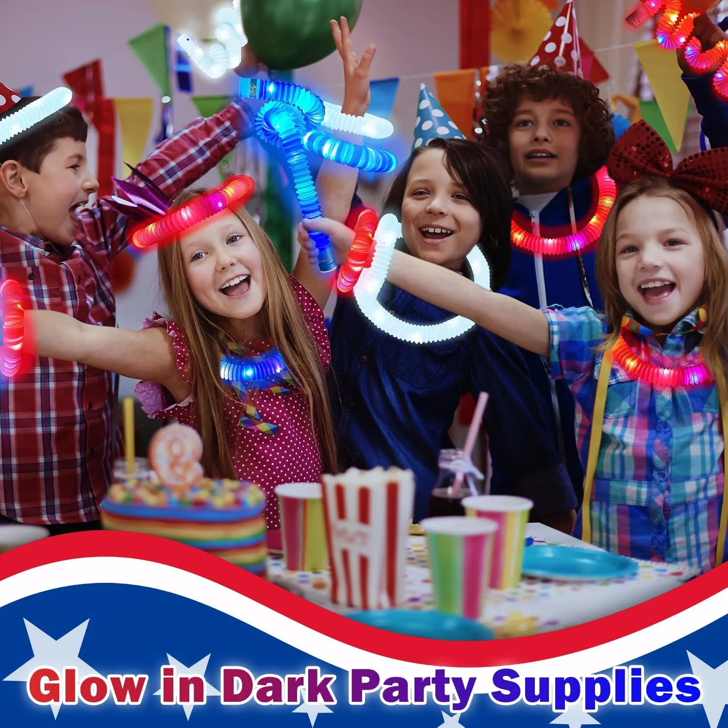 4th of July Red White Blue Glow Sticks Party Favors Supplies 18 PCS,Light up Pop Tubes Accessories Bracelets Necklaces for Kids Toddlers,Fourth of July Patriotic Toys Gifts Items for Independence Day