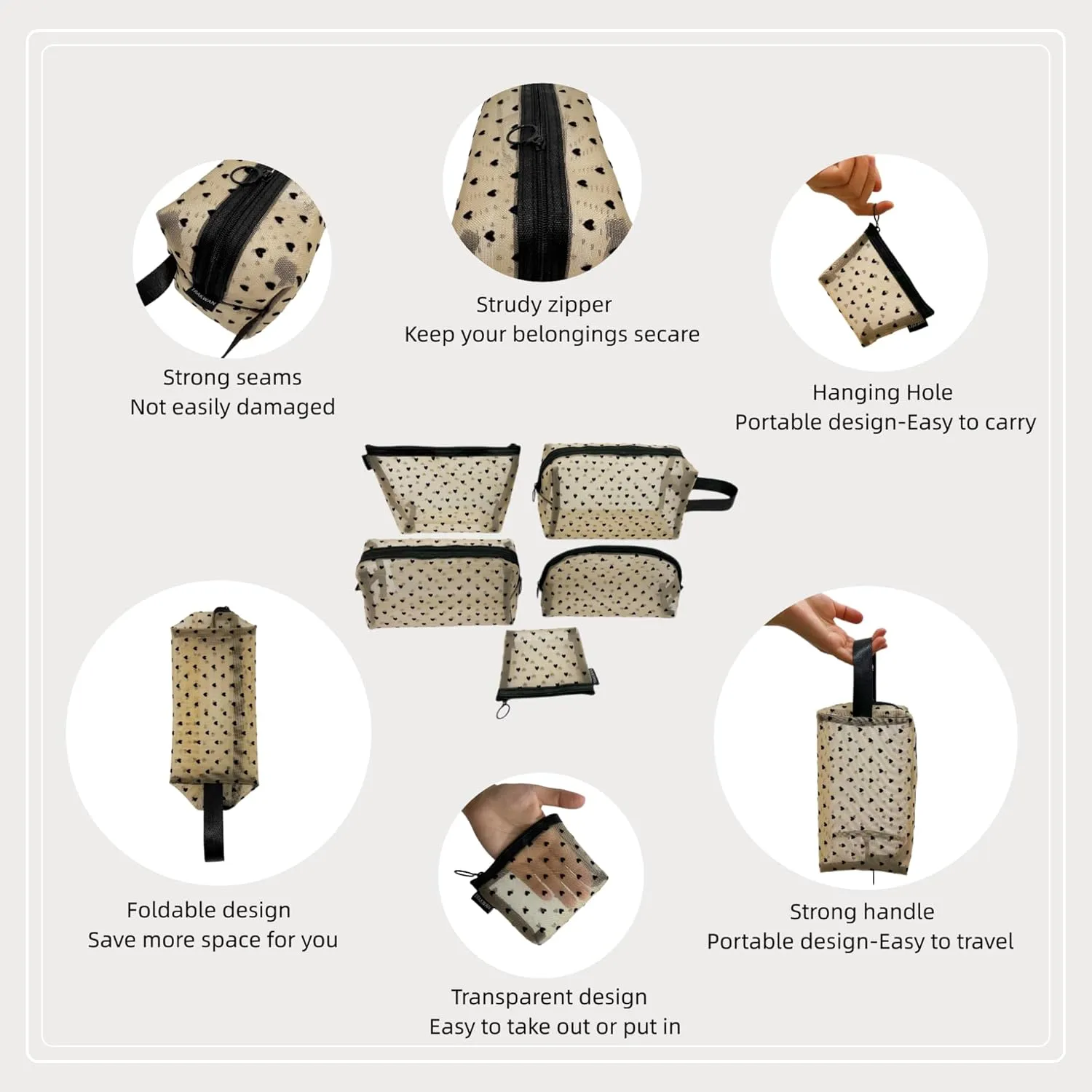 5 Pieces Mesh Heart Makeup Bags Sets, Zipper Mesh Cosmetic Bag Toiletry Bag, Travel Makeup Bags for Women, Small Items Storage Organizer Bags for Home Office Travel (Beige)