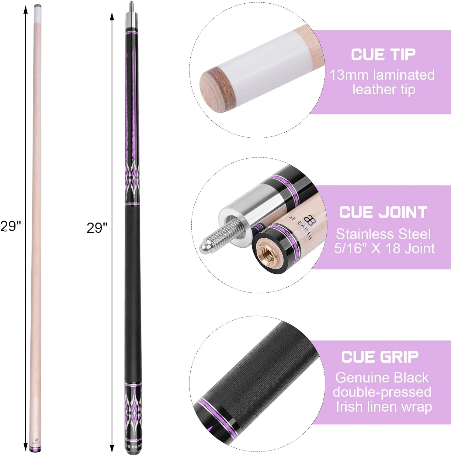 58" Pool Cue Stick Canadian Maple 13mm Tip Billiard Cue with Irish Linen Wrap