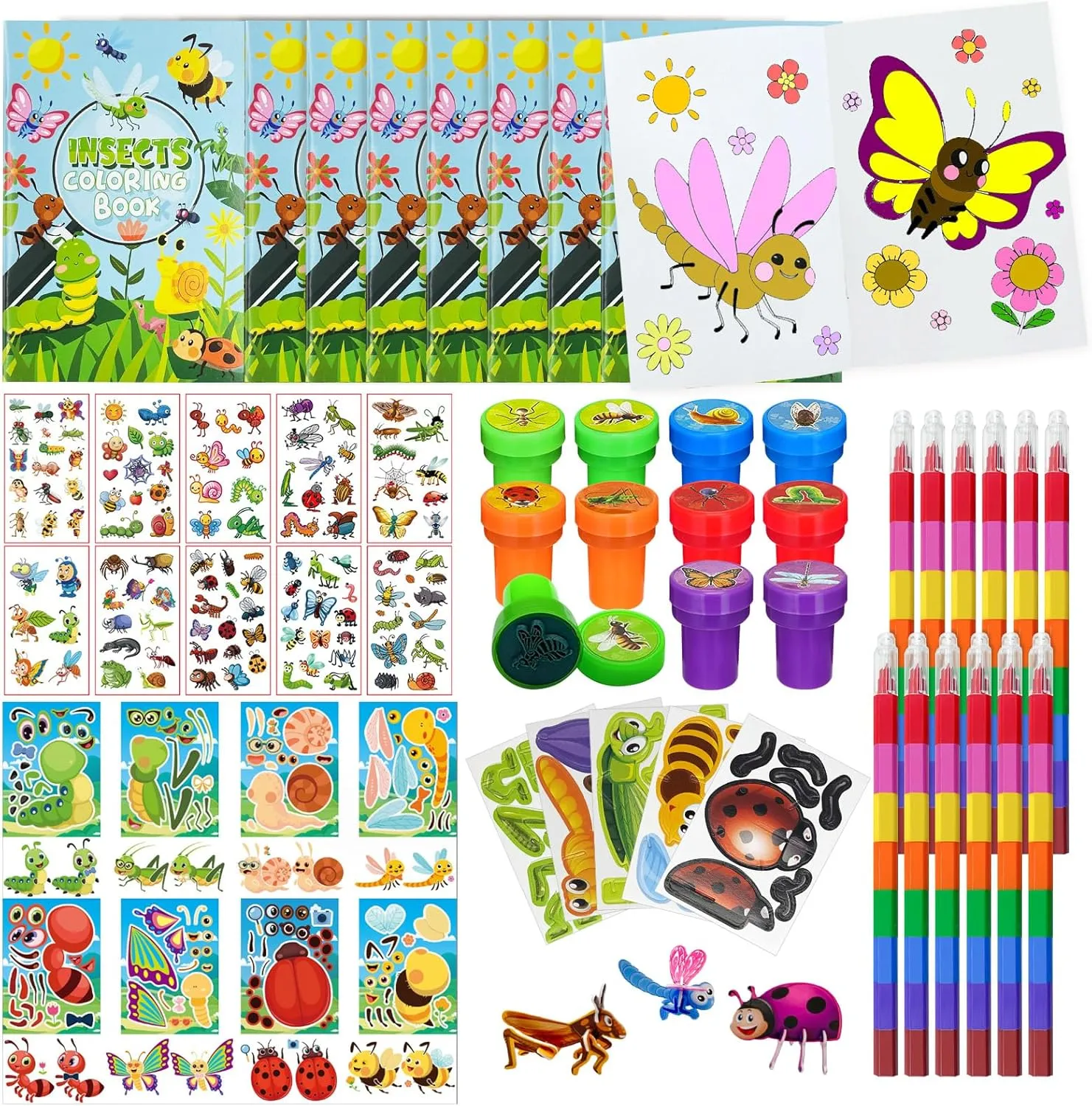 85 Pcs Insects Bugs Party Favors，Butterfly Bee Ladybug Spring Party Supplies with Coloring Books Crayons Tattoos Puzzles Stickers Stampers Gift Bag Fillers for School Birthday Classroom Rewards