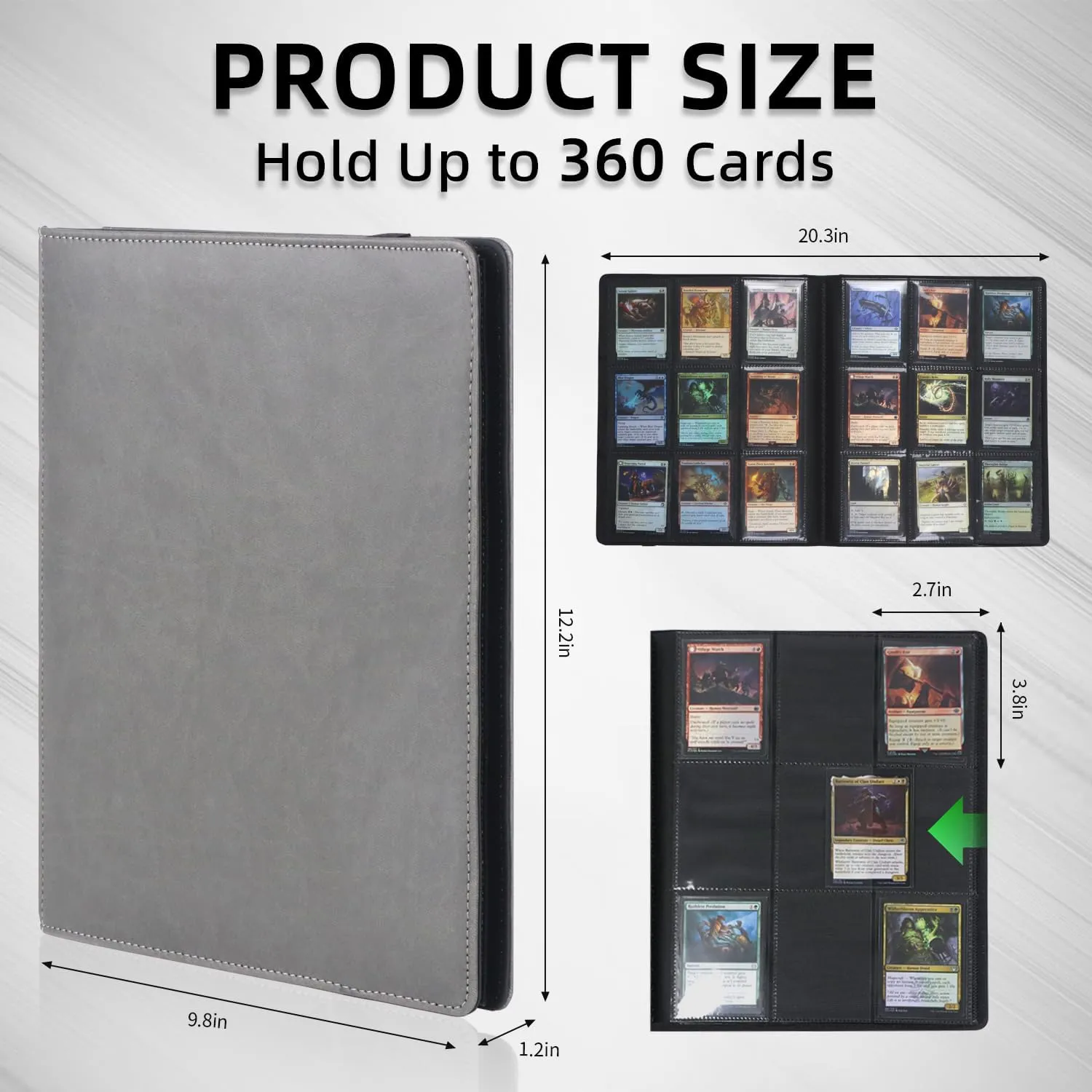 9 Pocket Ringless Card Binder,360 Side Loading Collector Binder,PU Leather Water-proof Card Holder Album for MTG,TCG,Sport Cards–Transparent Double-Sided Storage,Gift for Collectors–Grey