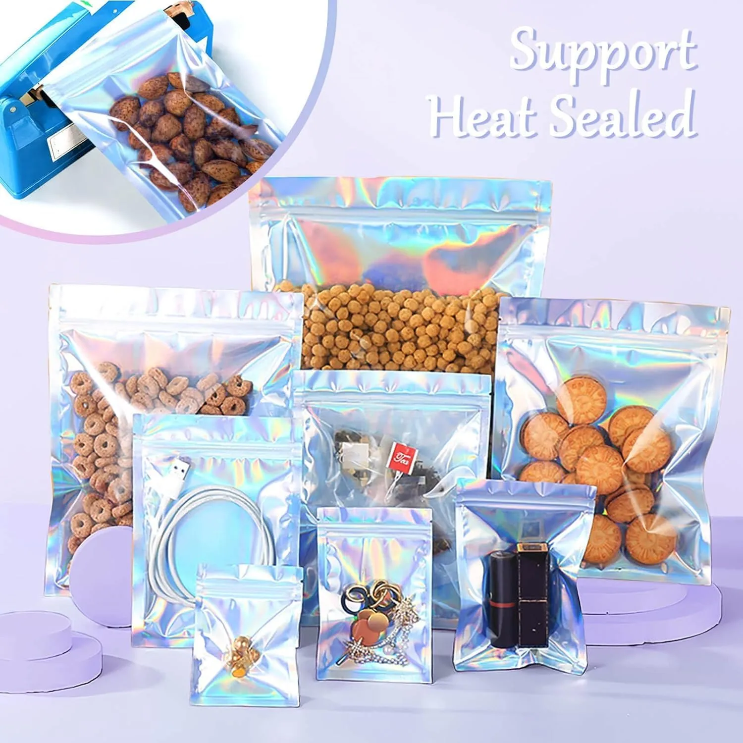 9x11 inch 100 Pcs Smell Proof Bags Resealable Holographic Bag Cute Lip Gloss Bags Packaging Products Food Safe Storage Bags