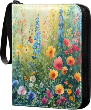 Abstract Colorful Wildflowers Card Binder 4-Pocket, 400 Pockets Trading Cards Holder Games Card Albums Storage Organizer Case for Football, Baseball Cards