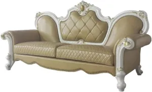 Acme Picardy Faux Leather Sofa with Pillows in Antique Pearl and Butterscotch