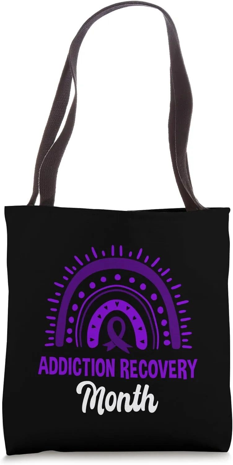 Addiction Recovery Month Boho Rainbow Wear Purple Ribbon Tote Bag