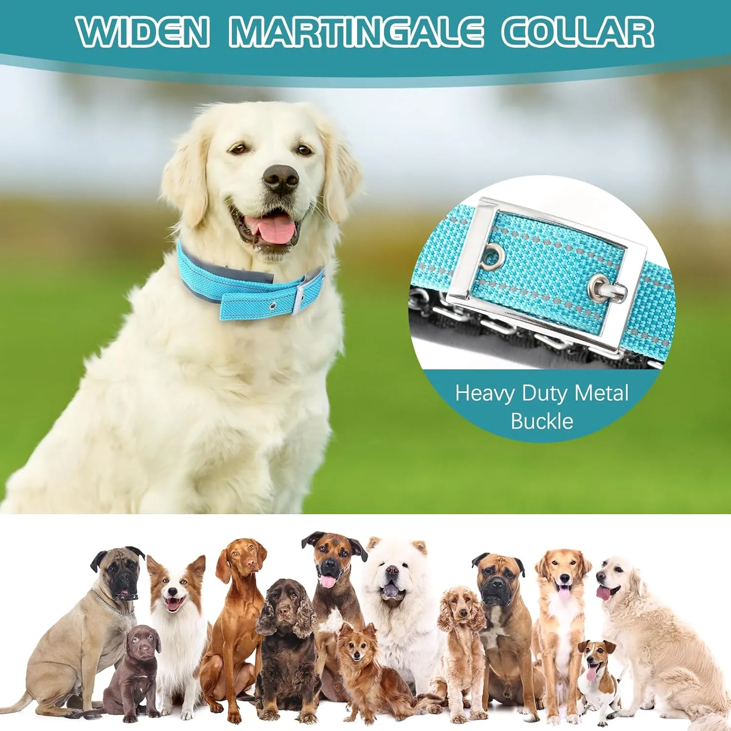 Adjustable No Pull Dog Collar - Heavy Duty Martingale Slip Collar with Reflective Widened Nylon & Metal Buckle for Training Walking Hunting (Small/Medium/Large Dogs),Blue,L