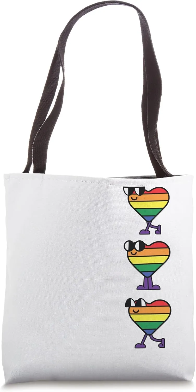 Adorable Smiling Walking Rainbow Hearts Retro-Style Cartoon Tote Bag