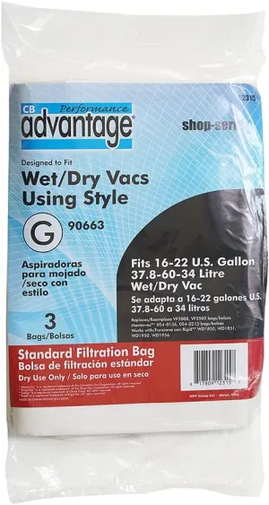 Advantage Wet/Dry Vacuum 16-22 Gallon Shop Vac Replacement Standard Filter Bags, 3-Pack