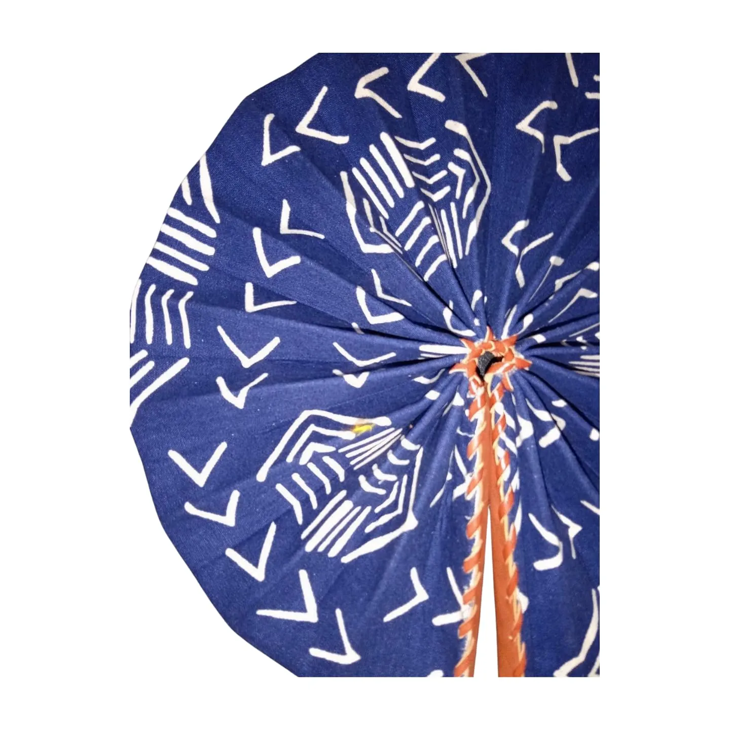 African Fabric and Leather Folding Fan (BLUE WHITE WOODIN)