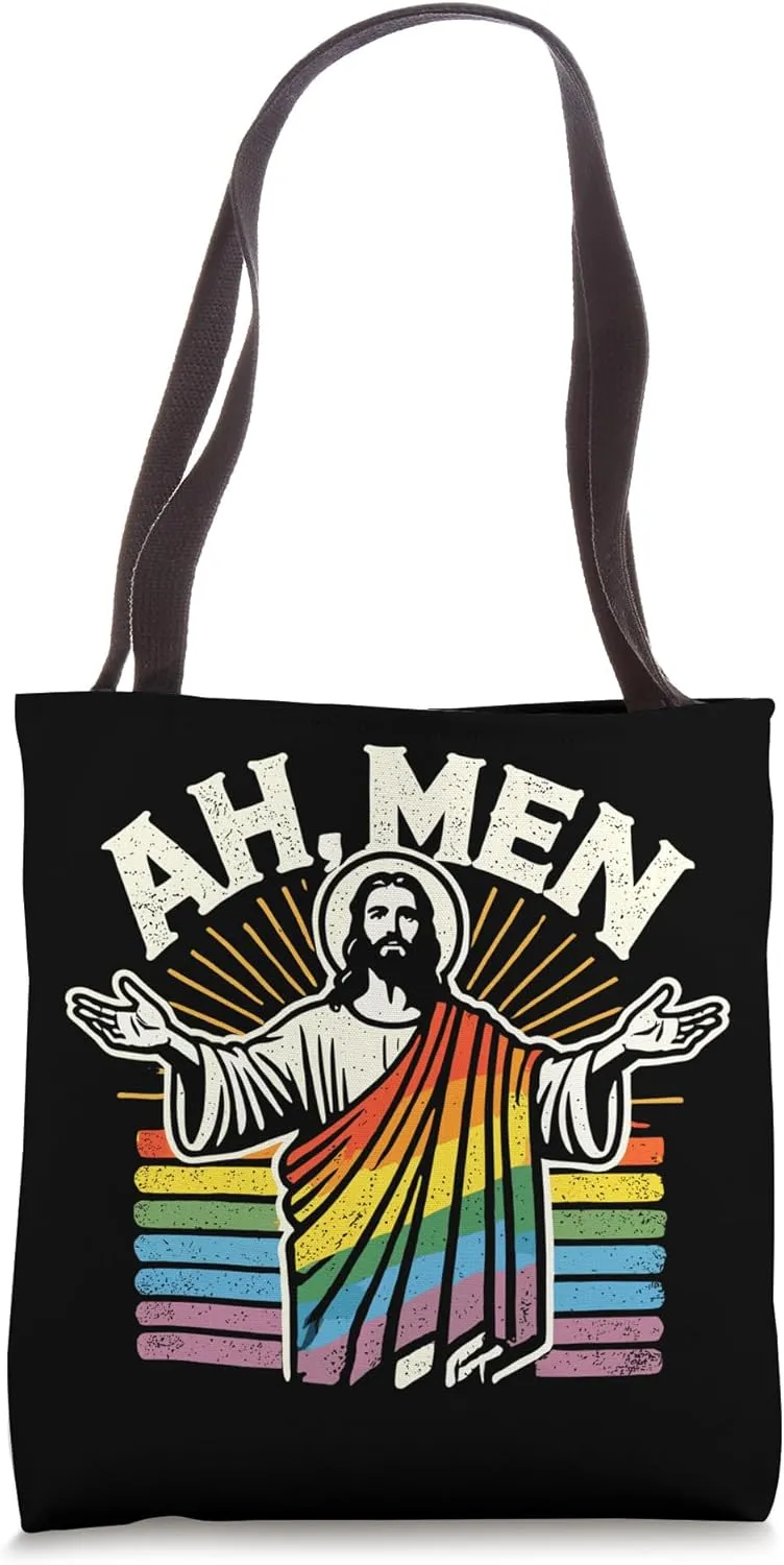 Ah Men Funny LGBT Gay Pride Jesus Rainbow Flag Christian Tote Bag