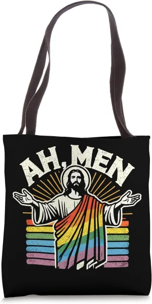 Ah Men Funny LGBT Gay Pride Jesus Rainbow Flag Christian Tote Bag