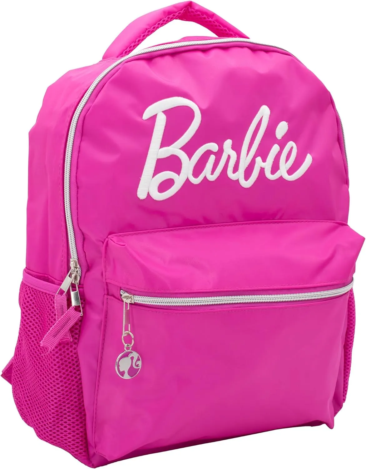 AI ACCESSORY INNOVATIONS Barbie Backpack for Girls, Bookbag with Adjustable Shoulder Straps & Padded Back, Barbie Pink 16 Inch Schoolbag with Raised Embroidered Logo, Durable School Bag for Kids