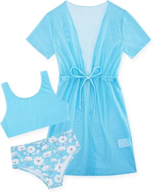 AIDEAONE Girls 3 Piece Bikini Swimsuit Set Cute Bathing Suit with Quick Dry Swimwear with Coverups 5-12T