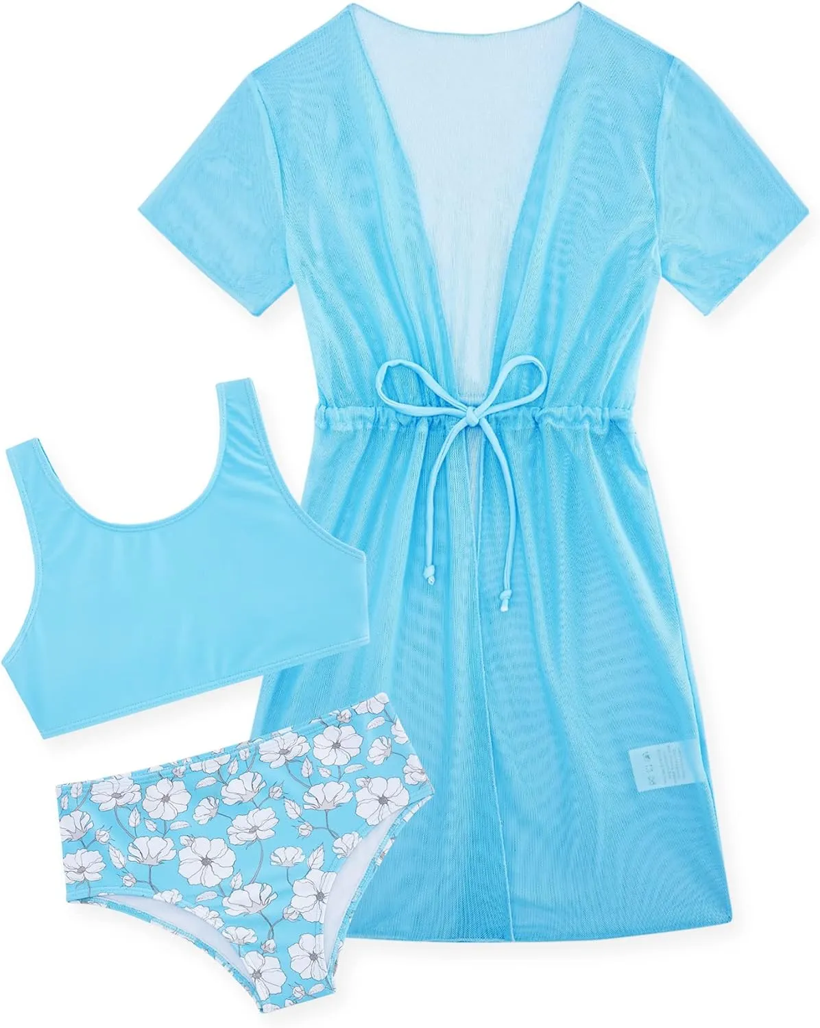 AIDEAONE Girls 3 Piece Bikini Swimsuit Set Cute Bathing Suit with Quick Dry Swimwear with Coverups 5-12T
