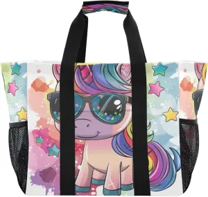 ALAZA Rainbow Colors Butterfly Hearts Waterproof Beach Tote Bags