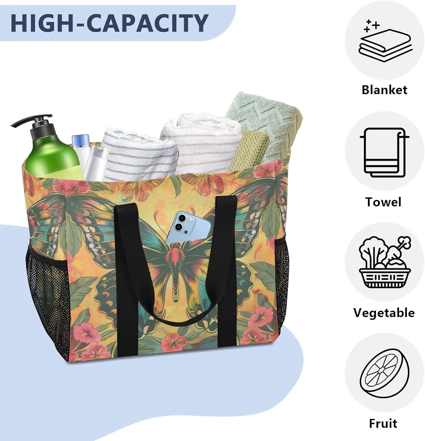 ALAZA Rainbow Colors Butterfly Hearts Waterproof Beach Tote Bags