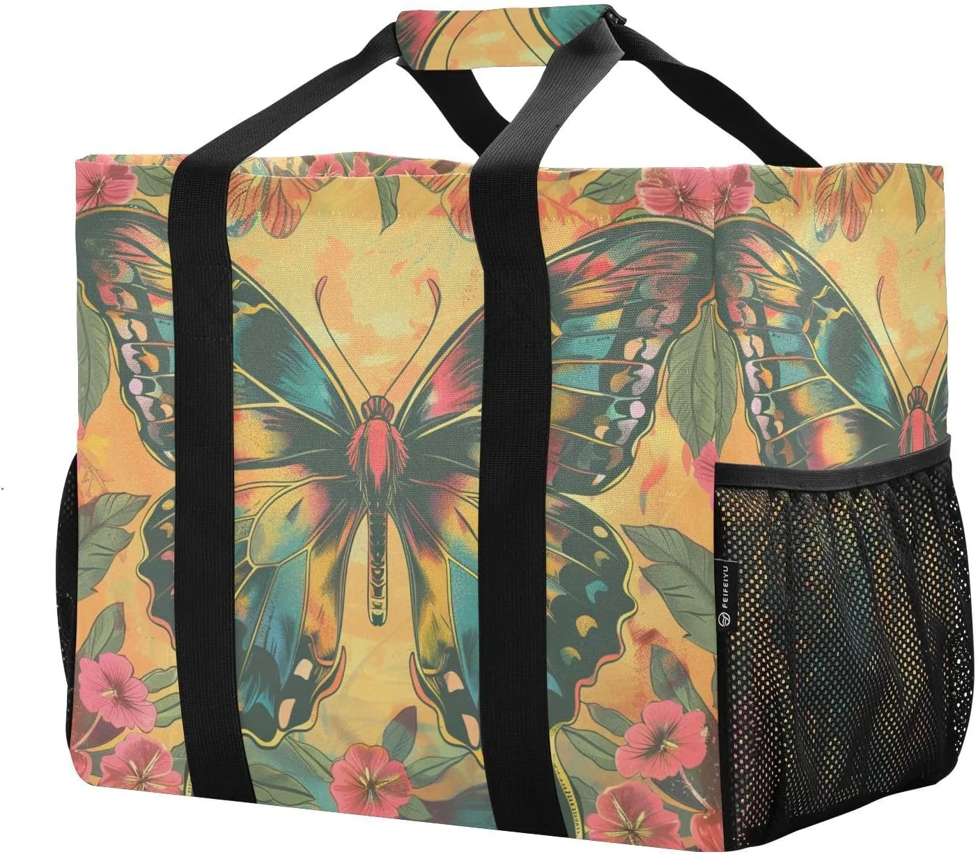 ALAZA Rainbow Colors Butterfly Hearts Waterproof Beach Tote Bags