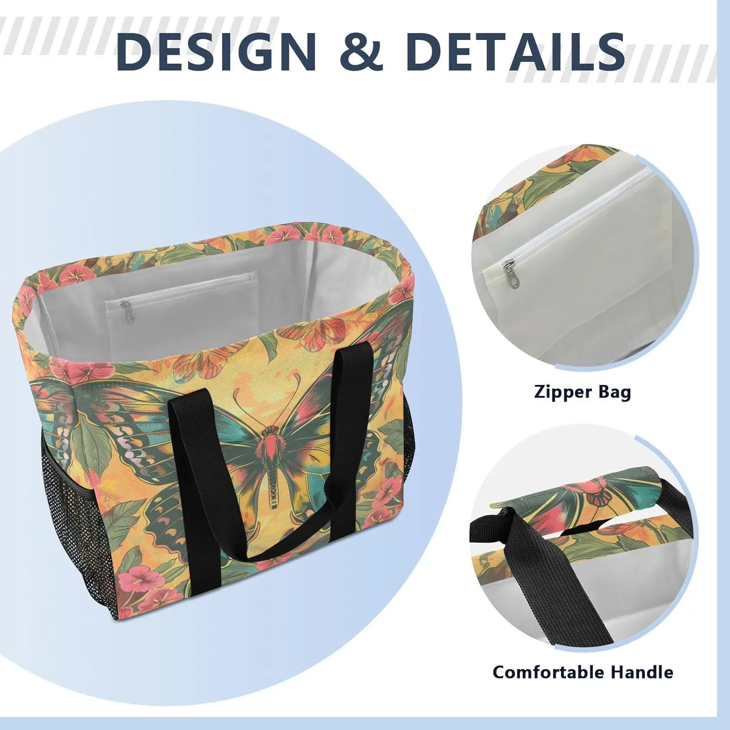 ALAZA Rainbow Colors Butterfly Hearts Waterproof Beach Tote Bags