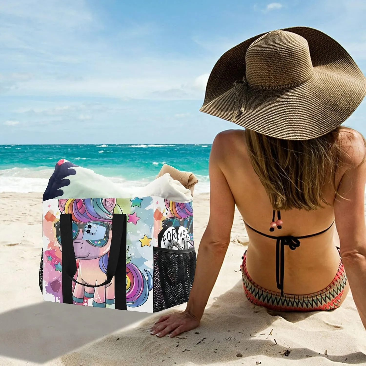 ALAZA Rainbow Colors Butterfly Hearts Waterproof Beach Tote Bags